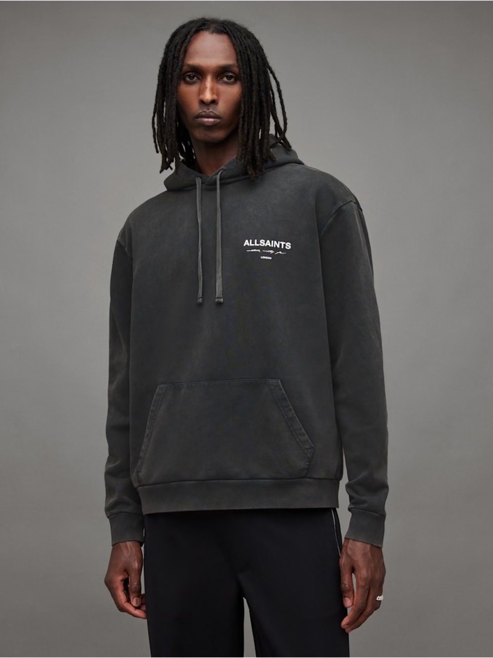 AllSaints Men's Charcoal Drawstring Hooded Sweatshirt